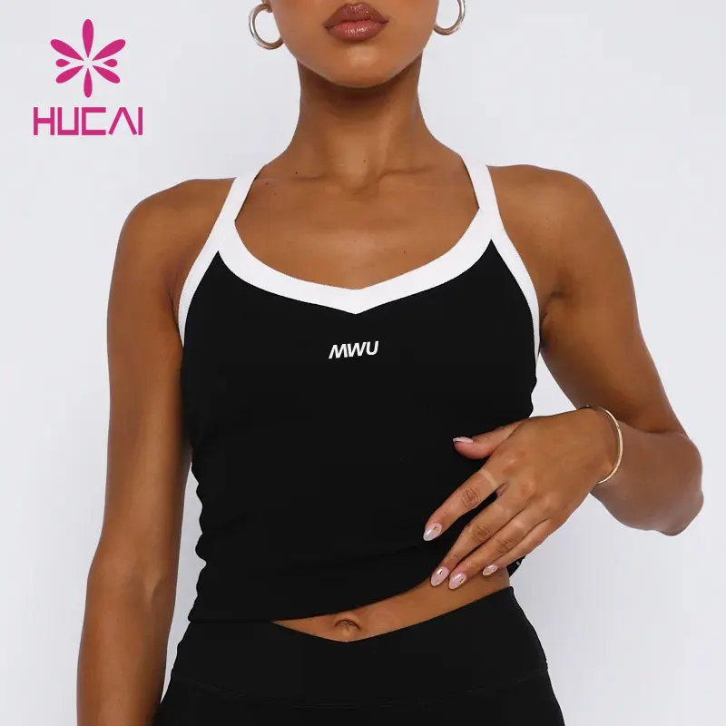 HUCAI OEM pamuk slim fit fitness egzersiz performansı spor tankı siyah beyaz yoga kaburga spor kırpma kolsuz yelek kadınlar için
