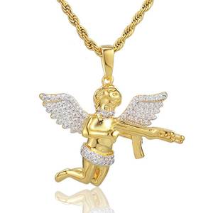 Hip Hop <b>Rapper</b> Punk Jewelry Vengeance Angel With Gun Diamond Gold Charm Pendant <b>Chain</b> Necklaces for Men - Product Image 6