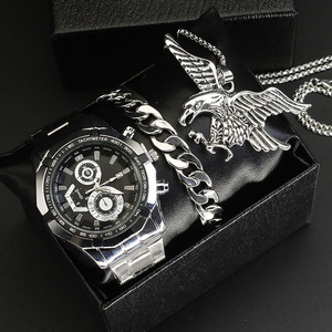 3pcs a <strong>Set</strong> Fashion Eagle Necklace Quartz <strong>Watch</strong> Bracelet Jewelry Classic <strong>Geneva</strong> Waterproof <strong>Watches</strong> <strong>Set</strong> for Men With Gift Box - Product Image 5