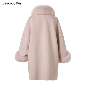 Nuovi arrivi cappotto in Cashmere <span class=keywords><strong>rosa</strong></span> cappotto invernale lungo in lana da donna con collo in pelliccia di volpe staccabile - Product Image 2