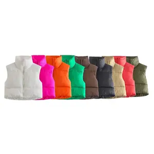 Winter ladies fashion sleeveless outer wear cropped puff vests polyester padded women custom puff vest