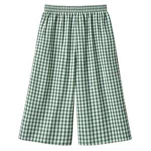 Culottes Personalizzate da Donna in Puro <span class=keywords><strong>Lino</strong></span> <span class=keywords><strong>Verde</strong></span> a Quadretti con Vita Elastica, <span class=keywords><strong>Pantaloni</strong></span> Estivi Casual a Gamba Larga - Product Image 2