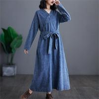 Vente en gros OEM Robe trapèze décontractée été solide col V Maxi taille haute qualité coton Denim pour femmes manches longues avec poches ceintures