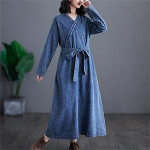 Vente <span class=keywords><strong>en</strong></span> gros OEM Robe trapèze décontractée été solide col V Maxi <span class=keywords><strong>taille</strong></span> <span class=keywords><strong>haute</strong></span> qualité coton Denim pour femmes manches longues avec poches ceintures - Product Image 5