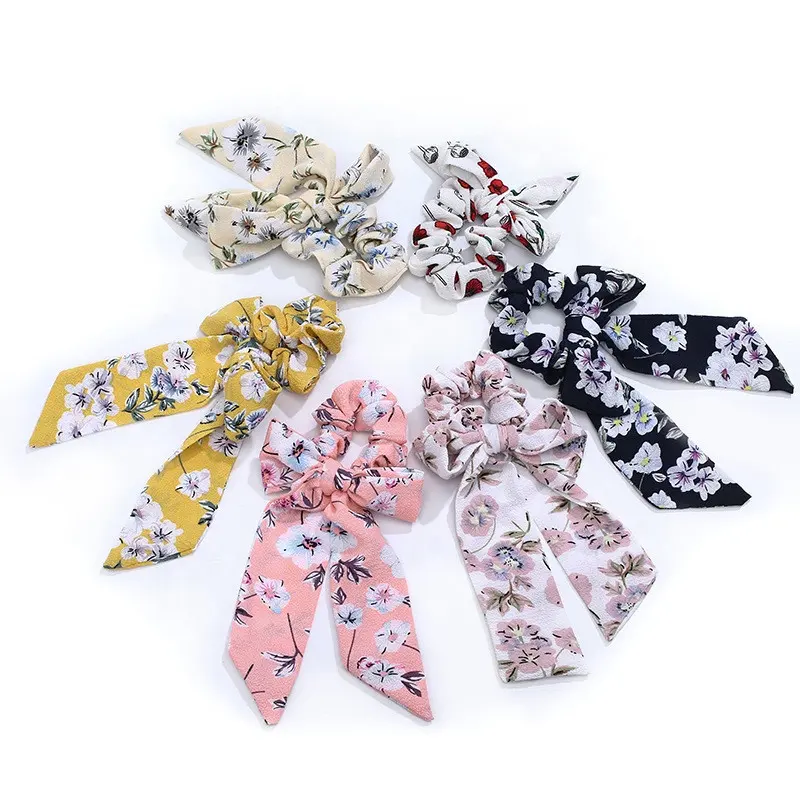 Wholesale Custom Pattern Vintage Women Hair Accessories Fabric ColorfulElastic Hair Ties Long crunchies