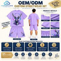 Ensemble streetwear deux pièces personnalisé unisexe en mélange de coton avec t-shirt imprimé numériquement motif cerf holographique et short à cordon de serrage