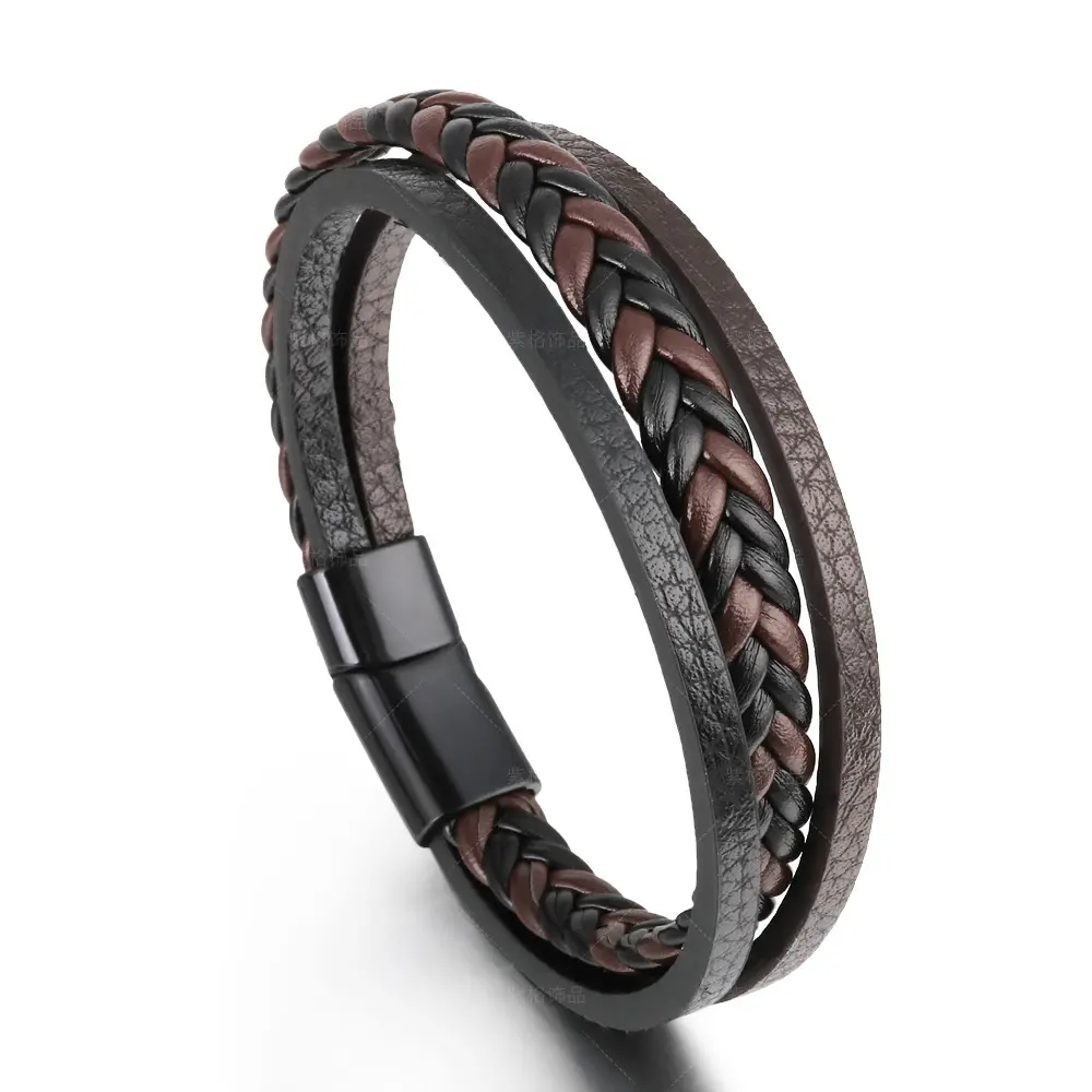 High Quality Men's Leather Bracelet Black Brown Charm Multilayer Magic Buckle Braided Women