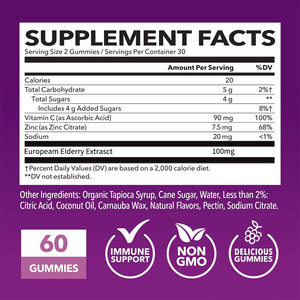 Gummies de Sambucus à la Baie de sureau pour adultes – Soutien <span class=keywords><strong>immunitaire</strong></span> enrichi en <span class=keywords><strong>Vitamine</strong></span> C et Zinc – Formule de défense quotidienne – 60 unités – Saveur Baie - Product Image 6