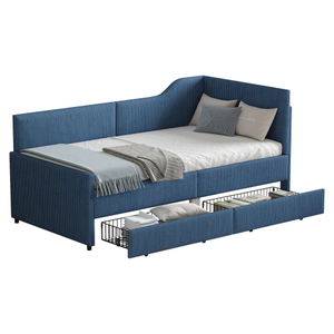 Modern Twin Size L-Shaped Corduroy Reclining Daybed Upholstered <b>Bed</b> Frame with 2 Storage Drawers Blue for Hotel Bedroom - Product Image 3