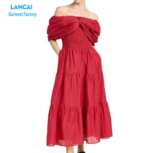 Vestido largo ligero no elástico tejido Slubbed vestido sólido Cambric fuera del hombro - Product Image 5