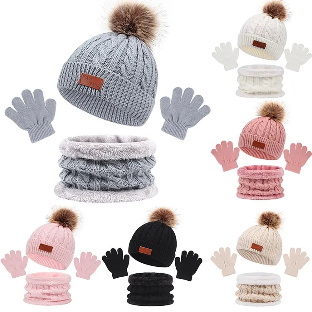Grosir kustom anak-anak musim dingin Beanie topi syal sarung tangan set bayi rajutan Beanies selendang disesuaikan kulit Patch Logo