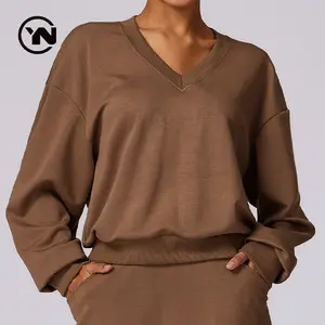 Женская рубашка с длинным рукавом и логотипом на заказ, модная Толстовка Оверсайз, хлопковая флисовая толстовка с V-образным вырезом