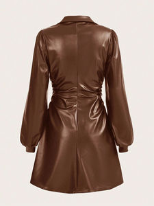 Chic artı boyutu siyah suni deri aplikler kadınlar için doğal bel seksi zarif rahat elbise ODM - Product Image 4