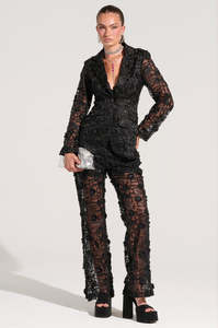Oem Custom Clothing Manufacturer Black Beading Embroidery <strong>Sheer</strong> Blazer <strong>Jacket</strong> + Wide Leg Pants Trousers Coord 2 Piece Set Women - Product Image 2