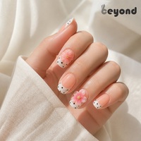 Kuku Palsu Handmade Grosir PMMA Pink 3D Floral Black Polka Dot French Tip Full Cover 10 Pcs
