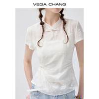 Chemisier blanc style Qipao VEGA CHANG pour femme, col mandarin avec boutons grenouille, haut jacquard à manches courtes, vente en gros
