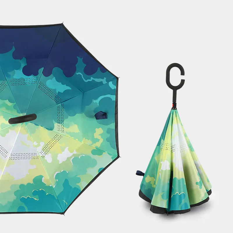 Nuevo producto 2019 innovador plegable fácil, sostiene la impresión digital cielo azul reversible paraguas plegables reversibles/