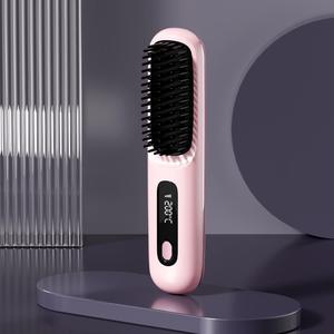 0728 Cordless 3000mah Portable Rechargeable Fast <b>Heated</b> Hair Brush Mini Straightener Hot Comb Display - Product Image 4
