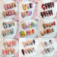 Faux ongles en acrylique rose de haute qualité, faits à la main, avec poudre miroir 3D, motif étoile et fleur, à presser, vente en gros, design pour filles