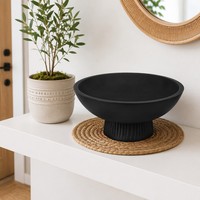 Bol sur piétement en bois noir mat moderne avec base cannelée, plateau décoratif rustique de style ferme pour la décoration intérieure Wabi-sabi