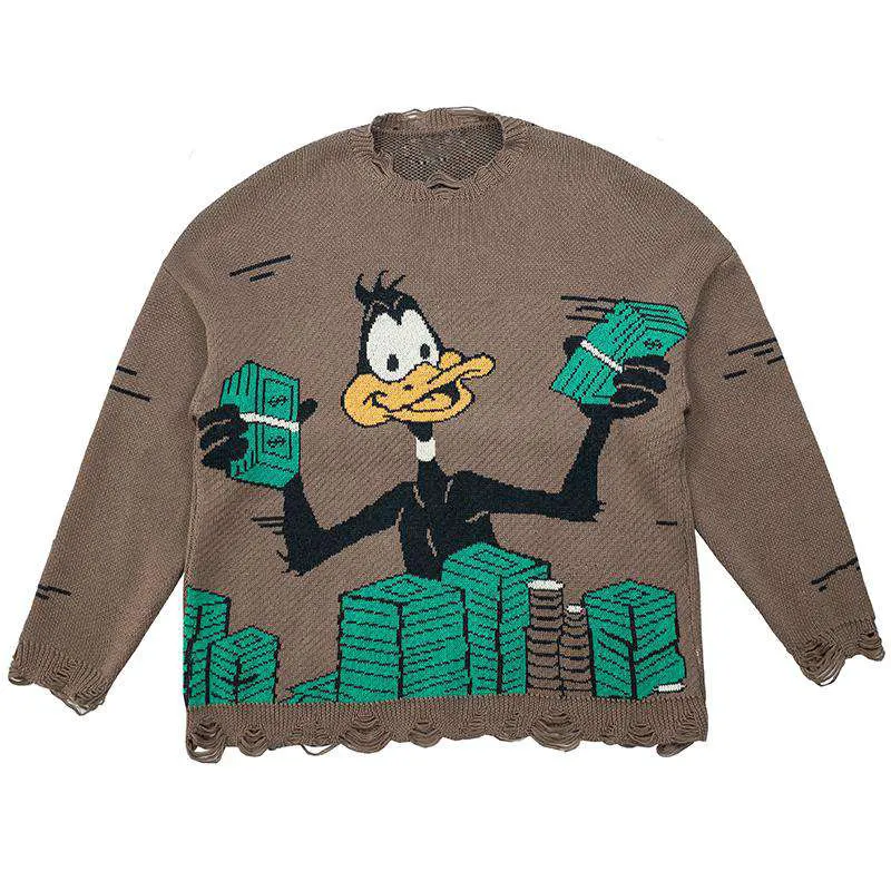 Customized OEM ODM Fashion Casual Long Sleeve Crew Neck Pullover Jacquard Knit Duck Cartoon Ripped Men's Sweater