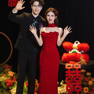 Red Strapless Mermaid Evening Gown With Floral Print Natural Waistline For Wedding Banquet And Coming Of Age Ceremony - Product Image 3