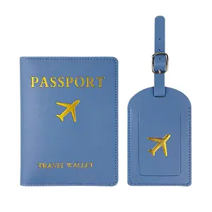 BSBH Airplane Logo Gold Stamping Printing Baggage Tag Customized PU Leather Luggage Tags Passport Holder Set