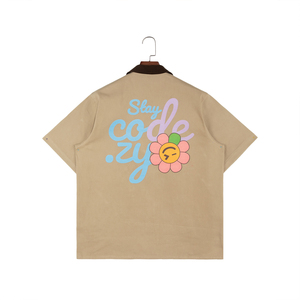 Camicie Casual con Logo personalizzato a <span class=keywords><strong>maniche</strong></span> <span class=keywords><strong>corte</strong></span> da uomo 100% cotone a contrasto di colore con stampa in ciniglia ricamata camicie da uomo - Product Image 2
