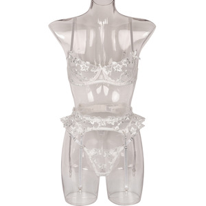 Deep Love Hot Erotic New Pink Flower Bordado Lencería con aros con liguero Sexy Conjunto de 3 piezas para mujer Ver a través - Product Image 6