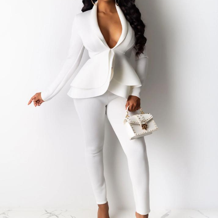 Новинка, женский зимний спортивный костюм для женщин, блейзер с длинным рукавом и оборками, брюки-карандаш, комплект из двух предметов, женская одежда для офиса, униформа