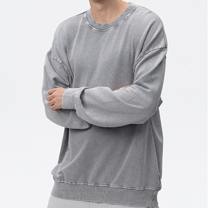 Sudadera de lavado ácido para hombre 380GSM 100% algodón francés Terry desgastado cuello redondo sudaderas de gran tamaño para hombres - Product Image 4
