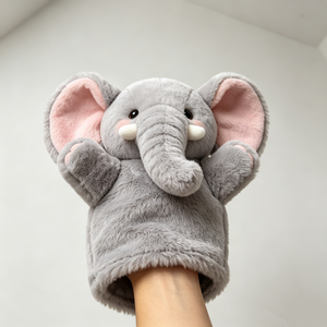 Marionnette éléphant grise moelleuse personnalisée avec oreilles intérieures roses et longues trompes blanches, pour des histoires interactives sur le thème du safari pour enfants - Product Image 4