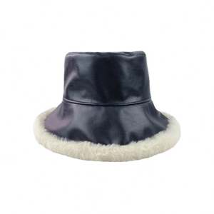 Chapeau de pêcheur en cuir PU noir lisse pour l'hiver, chapeau chaud vintage japonais en laine d'agneau, chapeau bob - Product Image 5