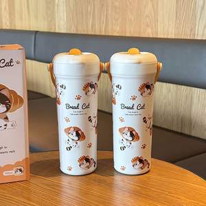 แก้วน้ำเก็บอุณหภูมิ Bread Cat แบบพกพา ทำจากสแตนเลส 316 พร้อมหลอดดูด สำหรับผู้หญิง ใช้สำหรับเดินทาง - Product Image 2