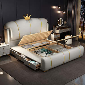 Итальянская роскошная мягкая кровать размера King/Queen с местом для хранения, кожаная кровать, современная высококачественная кровать, обитая тканью, с ночником, мебель для спальни - Product Image 1