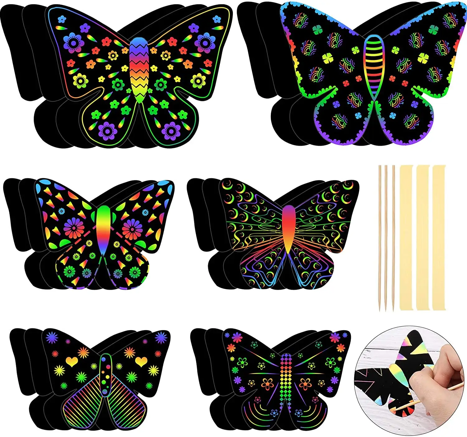 Carte à gratter d'été noire personnalisée arc-en-ciel Scratch Crafts Art Card Butterfly Scratch Paper Card Crafts Art for Kids