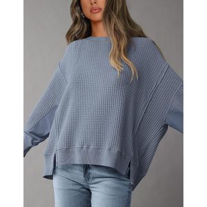 FOXA Sweat-shirt oversize femme en maille gaufrée à manches longues, col rond, respirant, épaules tombantes, haut d'automne - Product Image 5