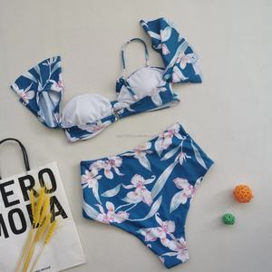 Traje de baño de talla grande para mujer, de cintura alta, con un solo hombro, estampado floral, modesto y sexy, con volantes y diseño dividido - Product Image 1