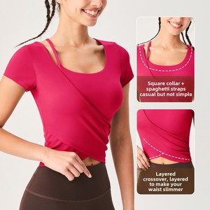 T-shirt sportiva a maniche corte con collo quadrato Yoga ad alta elasticità da donna con <span class=keywords><strong>spalline</strong></span> sottili aderenti traspiranti per dimagrire - Product Image 2