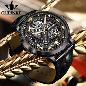 OUPINKE 3173 Original Leather Strap <b>Automatic</b> Hollow Mechanical Wristwatch for Men <b>Chronograph</b> Luxury Brand Men's Watches - Product Image 3