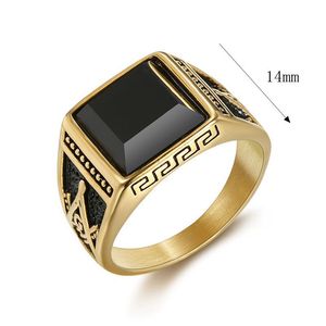 Anillo Retro Clásico Nuevo, Acero Inoxidable, Retención de Color, Chapado en Oro, Cuadrilátero, Ónix Negro, Anillo Masónico para Hombre, Estilo Hip Hop - Product Image 2
