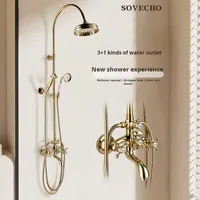 Ensemble de douche rétro style français avec barre coulissante, jet pluie, fixation murale, cartouche céramique, robinet de douche intégré doré pour salle de bain