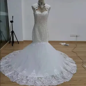 asos witte bruids jurk Suppliers-2021 Aanpassen Afrikaanse Halter Hals Mermaid Trouwjurken Arabische Aso Ebi Vintage Lace Kralen Sexy Illusion Terug Bruidsjurken