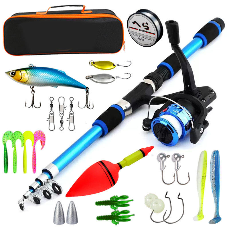 bleu 18m+200 moulinet+sac+20 accessoires+poisson+flotteur gros ventre+cloche
