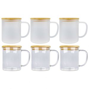Mug de camping en verre transparent vierge en borosilicate de haute qualité, 11oz 17oz, avec couvercle en bambou et paille, pour transfert par sublimation et revêtement thermique - Product Image 3