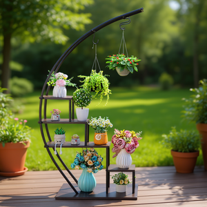 Support de plantes en fer et bois DB Artisasset à 5 niveaux en demi-cercle pour jardin, balcon, patio, décoration intérieure et extérieure - Product Image 2
