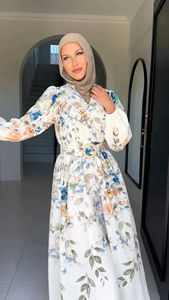 Elegante Vestido Abaya de Poliéster con Estampado Floral y Cinturón para Mujeres Musulmanas, Manga Larga, Primavera/Otoño, Boda, Uso Diario, Moda Islámica Modesta - Product Image 3