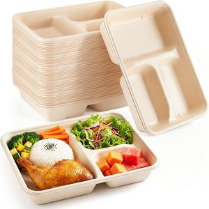 Barquettes alimentaires jetables biodégradables en bagasse de canne à sucre, 4 à 5 compartiments, assiette en papier pour restaurant - Product Image 1