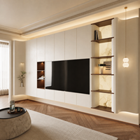 Système mural TV de luxe moderne avec panneau incurvé radial et fond en marbre rétroéclairé, éclairage LED intégré, pour la décoration du salon de villa