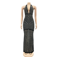Robe de soirée sexy pour femme, dos nu, décolleté plongeant, ornée de strass, transparente, motif chevron, moulante, longueur ras du sol, en soie, pour boîte de nuit, noire, vente en gros, personnalisable OEM